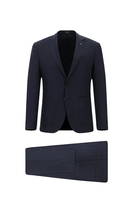 Koyu Lacivert Super Slim Fit Ekstra Dar Kesim Desenli Spor Yünlü Takım Elbise
