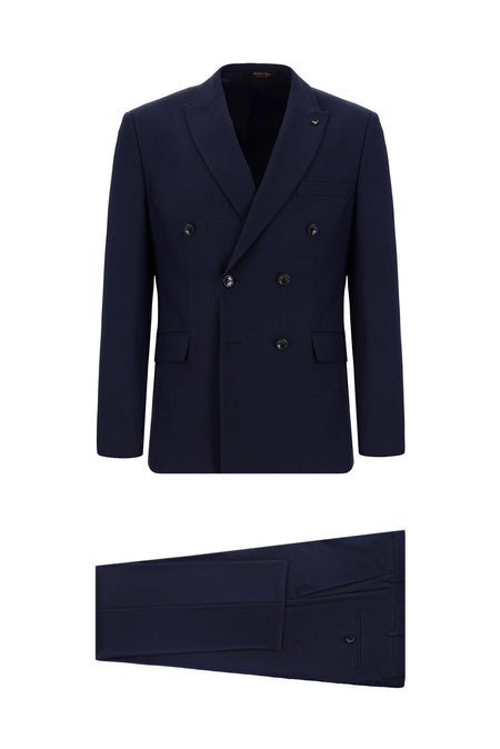 Koyu Lacivert Slim Fit Dar Kesim Yünlü Kruvaze Takım Elbise