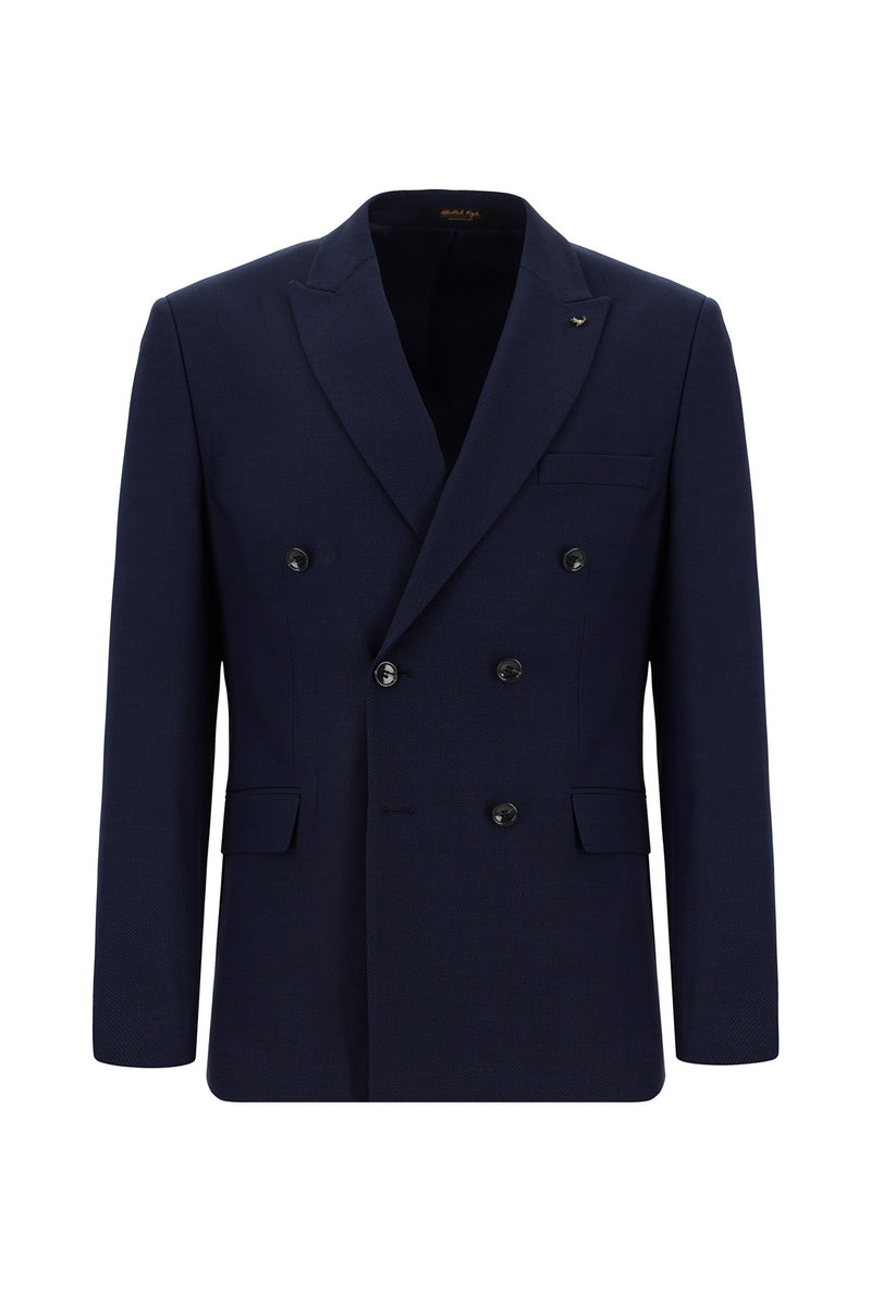 Koyu Lacivert Slim Fit Dar Kesim Yünlü Kruvaze Takım Elbise