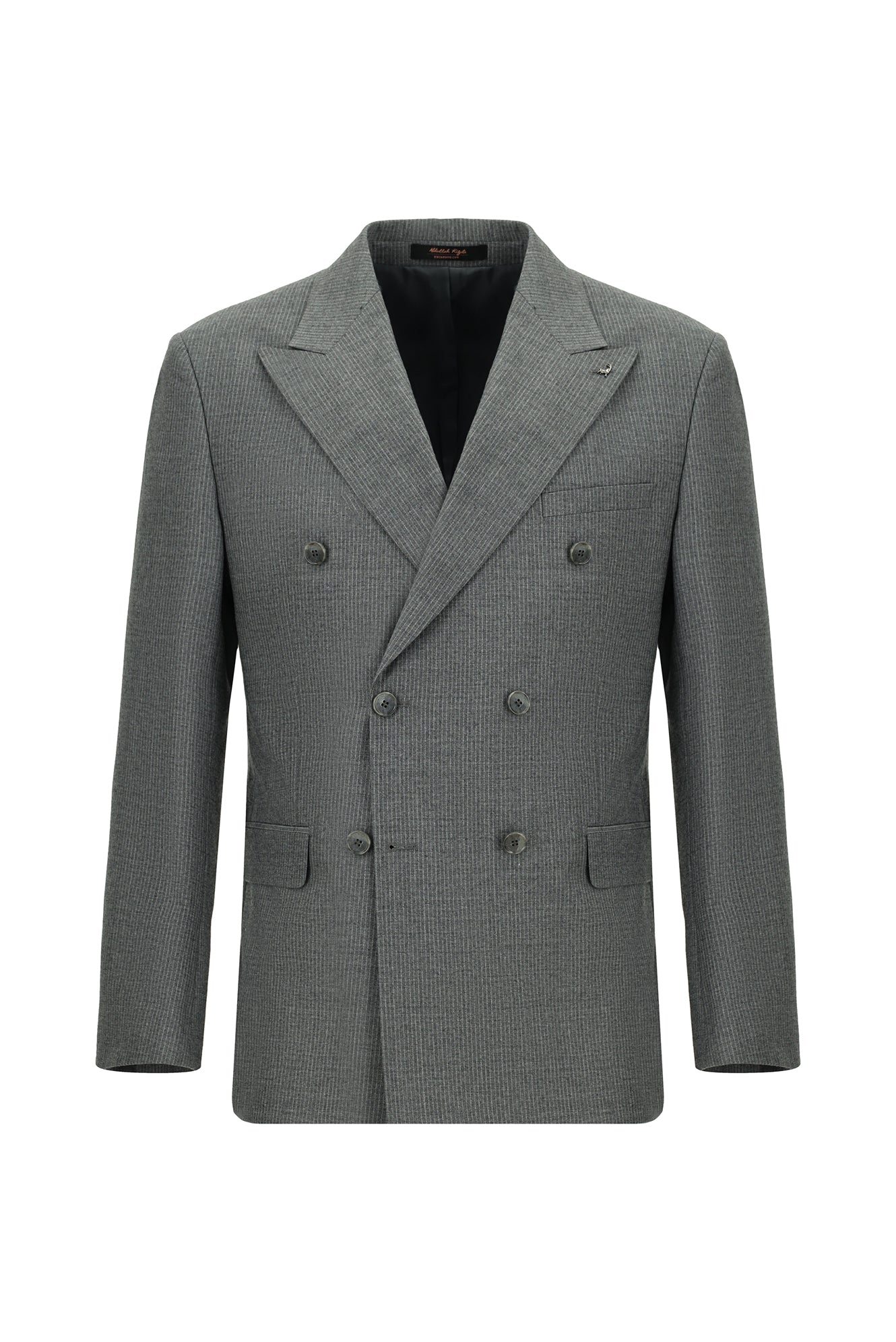 Orta Füme Slim Fit Dar Kesim Çizgili Yün Kruvaze Takım Elbise