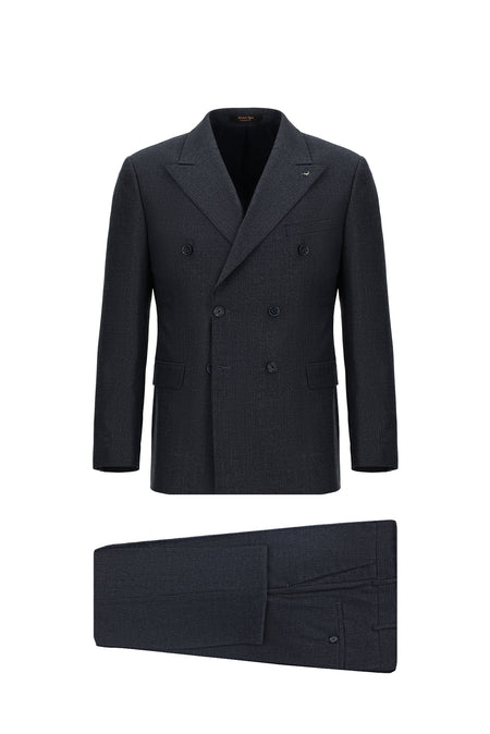 Koyu Lacivert Slim Fit Dar Kesim Çizgili Yün Kruvaze Takım Elbise