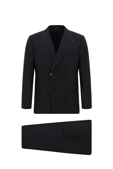 Siyah Lacivert Slim Fit Dar Kesim Çizgili Yün Kruvaze Takım Elbise