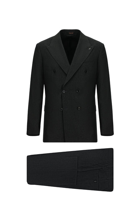Koyu Antrasit Slim Fit Dar Kesim Çizgili Yün Kruvaze Takım Elbise