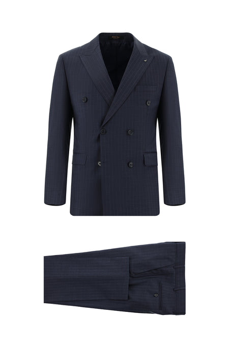 Orta Lacivert Slim Fit Dar Kesim Yünlü Kruvaze Çizgili Takım Elbise