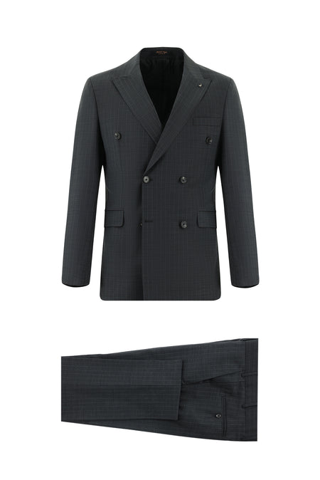 Koyu Antrasit Slim Fit Dar Kesim Yünlü Kruvaze Çizgili Takım Elbise