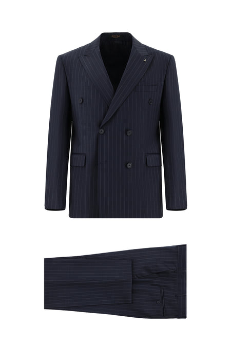 Koyu Lacivert Slim Fit Dar Kesim Yünlü Kruvaze Çizgili Takım Elbise
