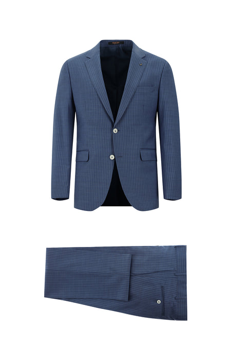 Orta Lacivert Slim Fit Dar Kesim Yünlü Klasik Çizgili Takım Elbise