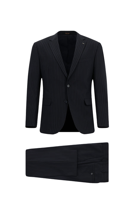 Koyu Lacivert Regular Fit Yünlü Klasik Çizgili Takım Elbise