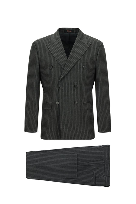 Koyu Füme Slim Fit Dar Kesim Yünlü Çizgili Kruvaze Takım Elbise
