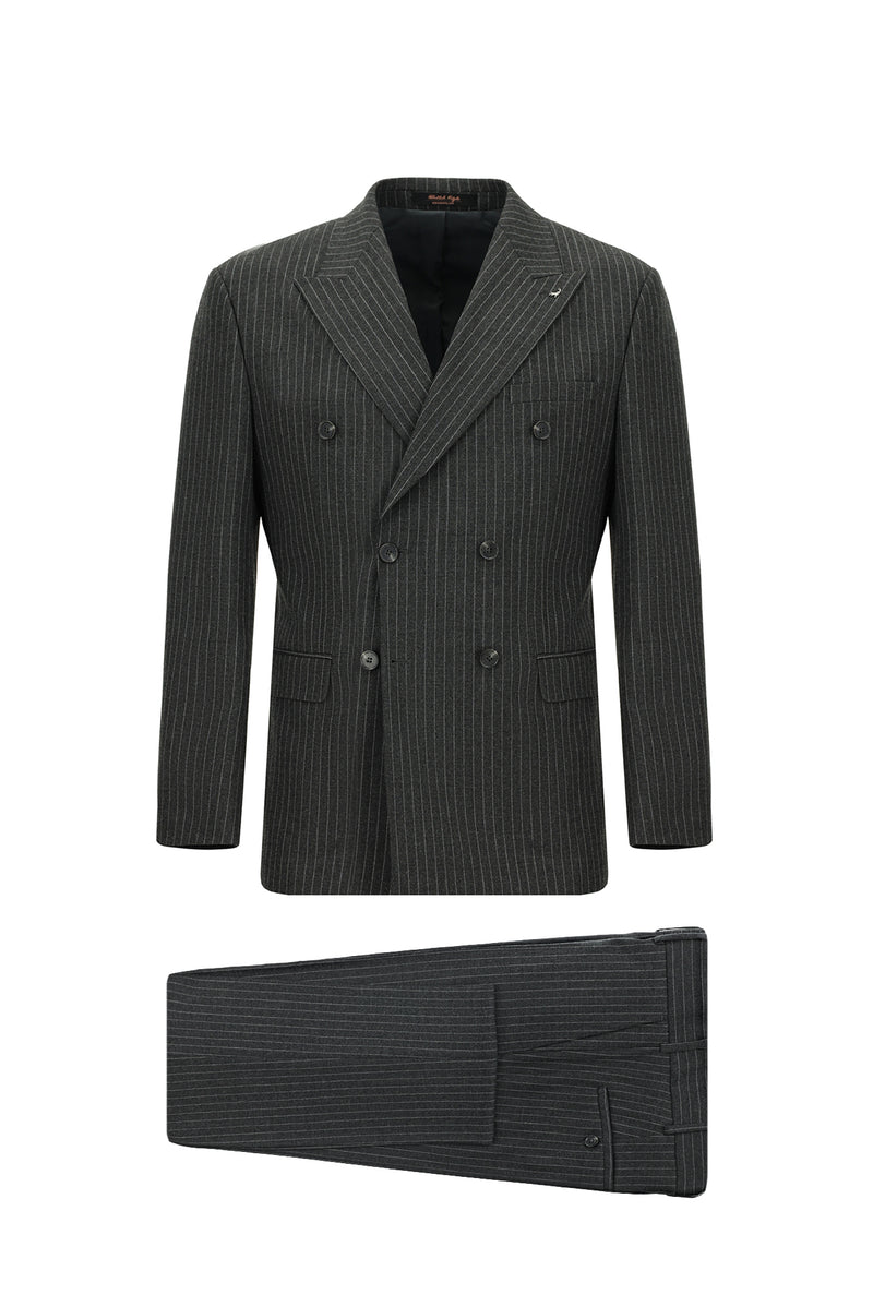 Koyu Füme Slim Fit Dar Kesim Yünlü Çizgili Kruvaze Takım Elbise