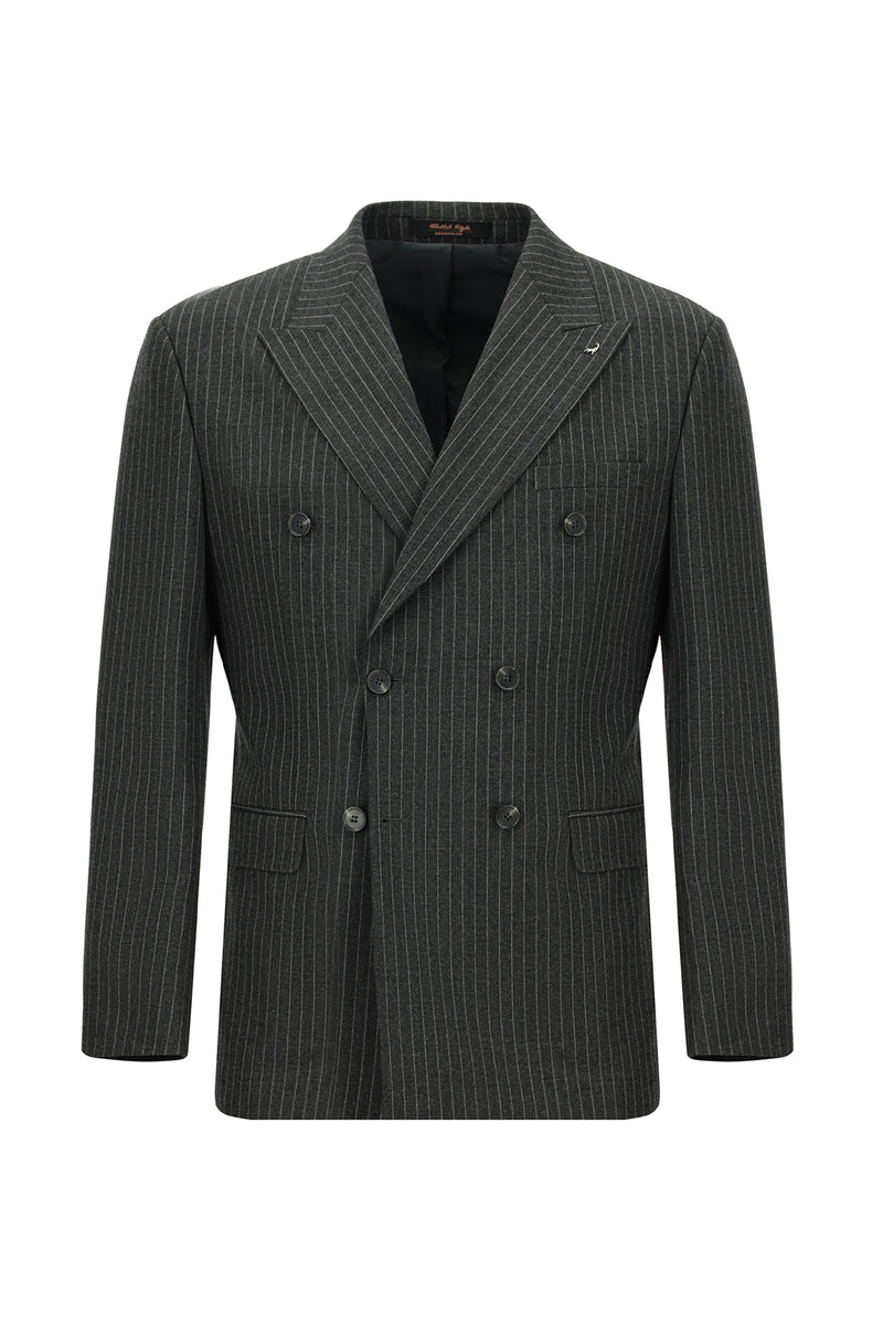 Koyu Füme Slim Fit Dar Kesim Yünlü Çizgili Kruvaze Takım Elbise