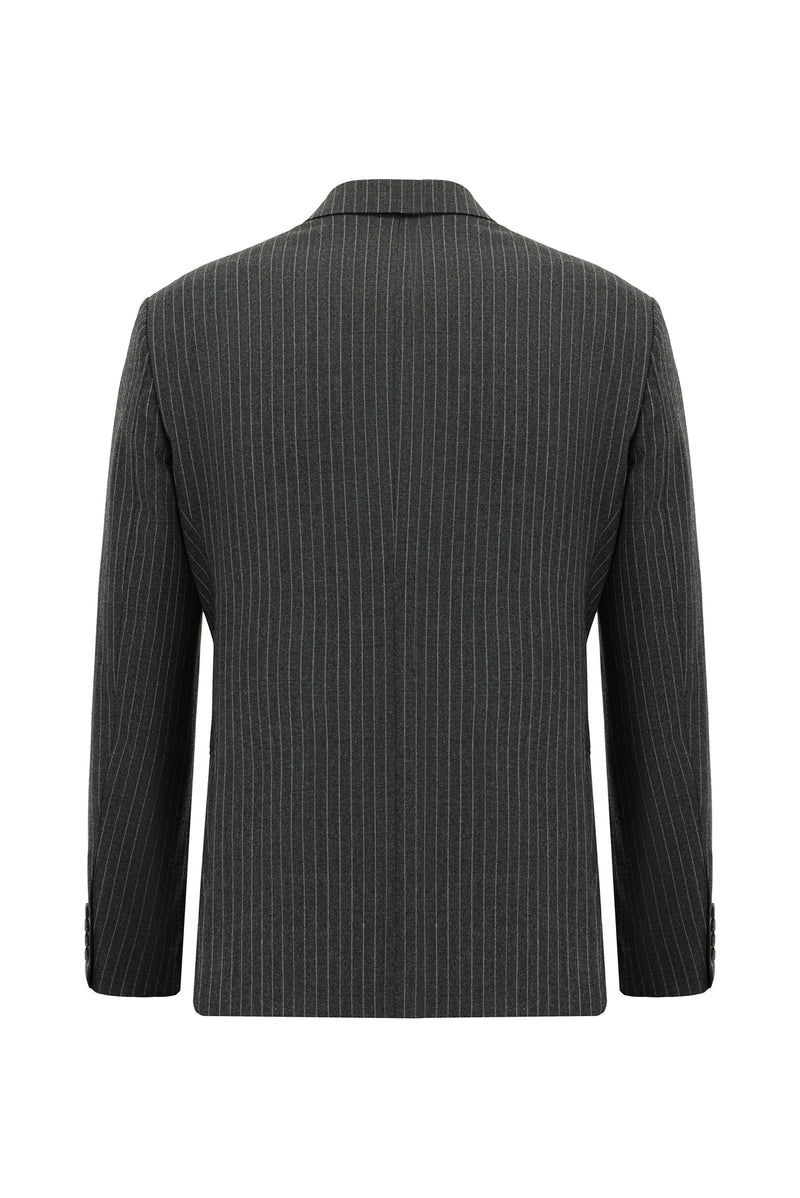 Koyu Füme Slim Fit Dar Kesim Yünlü Çizgili Kruvaze Takım Elbise