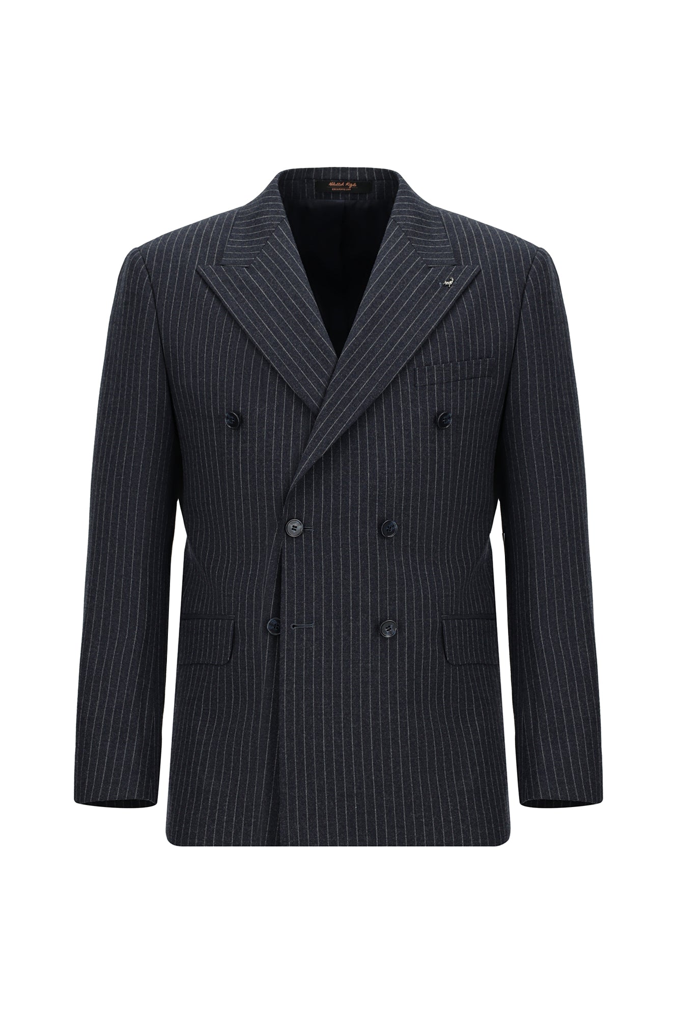 Koyu Lacivert Slim Fit Dar Kesim Yünlü Çizgili Kruvaze Takım Elbise