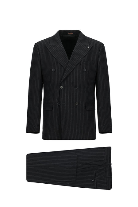 Siyah Lacivert Slim Fit Dar Kesim Yünlü Çizgili Kruvaze Takım Elbise