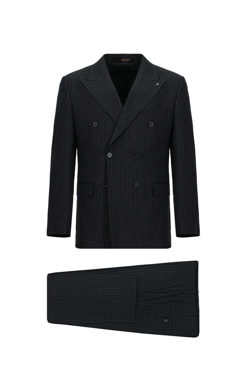 Siyah Lacivert Slim Fit Dar Kesim Yünlü Çizgili Kruvaze Takım Elbise