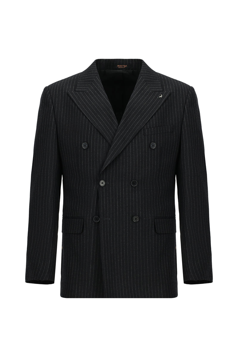 Siyah Lacivert Slim Fit Dar Kesim Yünlü Çizgili Kruvaze Takım Elbise