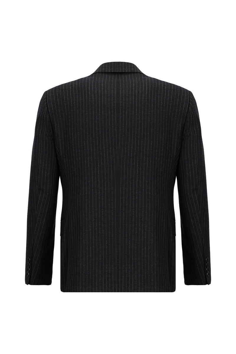 Siyah Lacivert Slim Fit Dar Kesim Yünlü Çizgili Kruvaze Takım Elbise