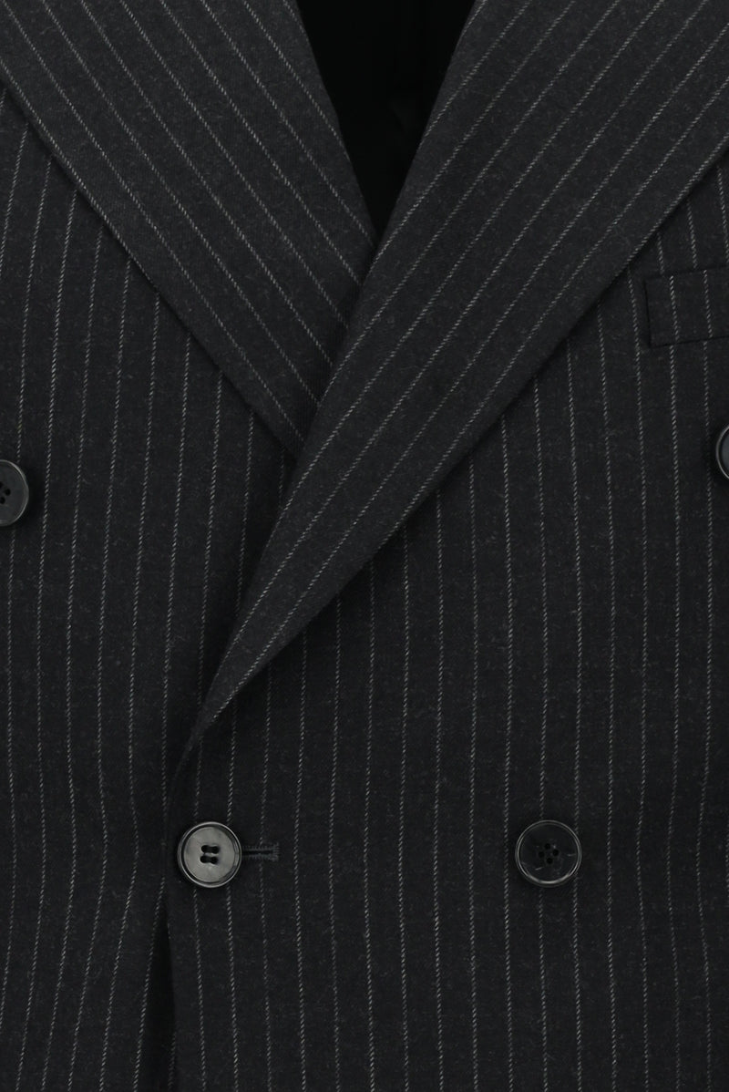 Siyah Lacivert Slim Fit Dar Kesim Yünlü Çizgili Kruvaze Takım Elbise