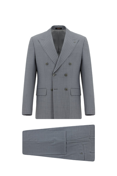 Orta Füme Slim Fit Dar Kesim Yünlü Çizgili Kruvaze Takım Elbise
