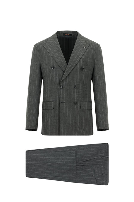 Orta Füme Super Slim Fit Ekstra Dar Kesim Yünlü Çizgili Kruvaze Takım Elbise
