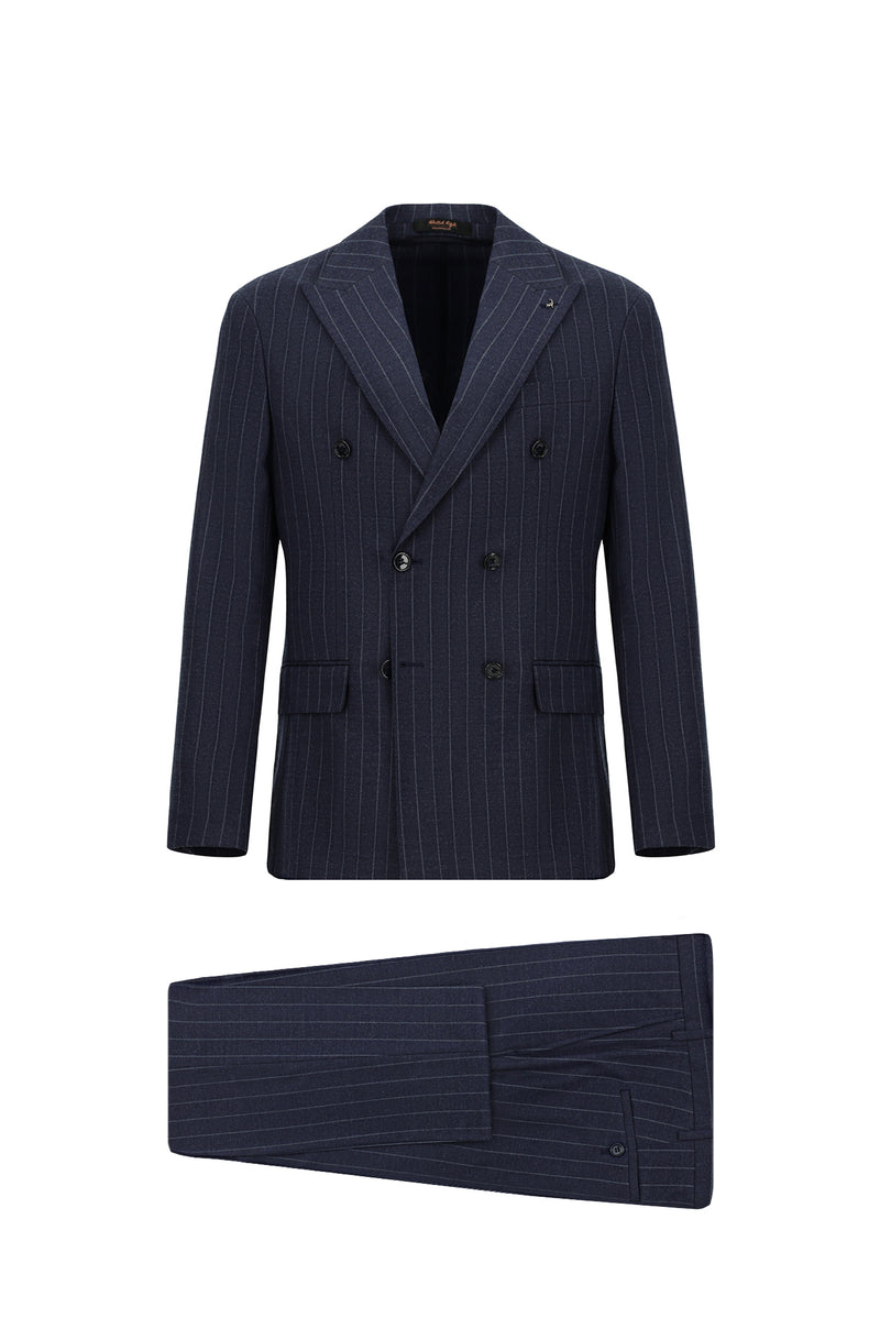 Koyu Lacivert Super Slim Fit Ekstra Dar Kesim Yünlü Çizgili Kruvaze Takım Elbise