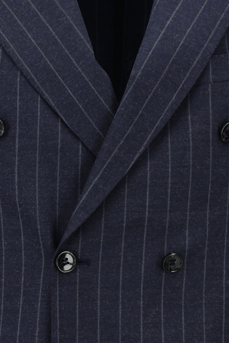 Koyu Lacivert Super Slim Fit Ekstra Dar Kesim Yünlü Çizgili Kruvaze Takım Elbise