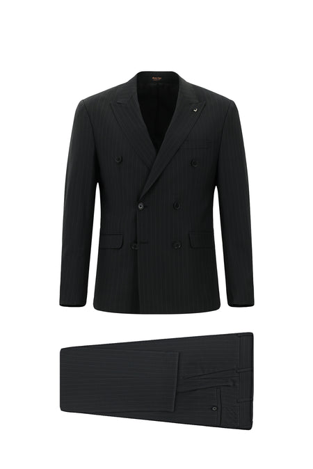 Siyah Slim Fit Dar Kesim Yünlü Çizgili Kruvaze Takım Elbise