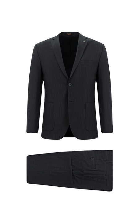 Koyu Lacivert Super Slim Fit Ekstra Dar Kesim Desenli Yünlü Takım Elbise