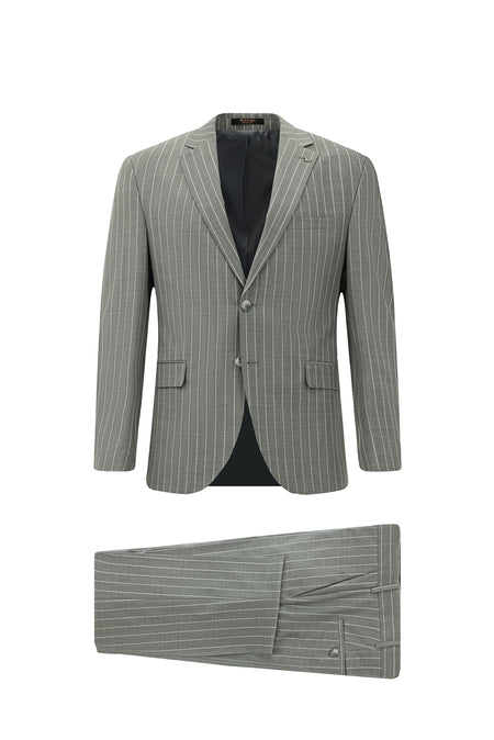 Açık Füme Slim Fit Dar Kesim Yünlü Çizgili Klasik Takım Elbise