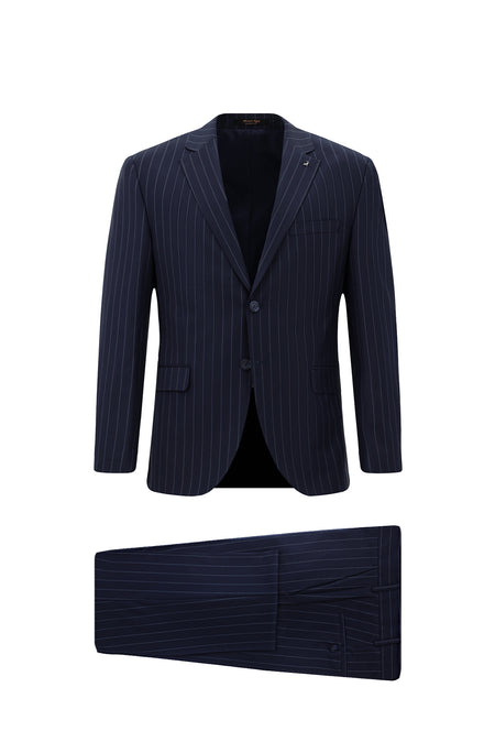 Koyu Lacivert Slim Fit Dar Kesim Yünlü Çizgili Klasik Takım Elbise