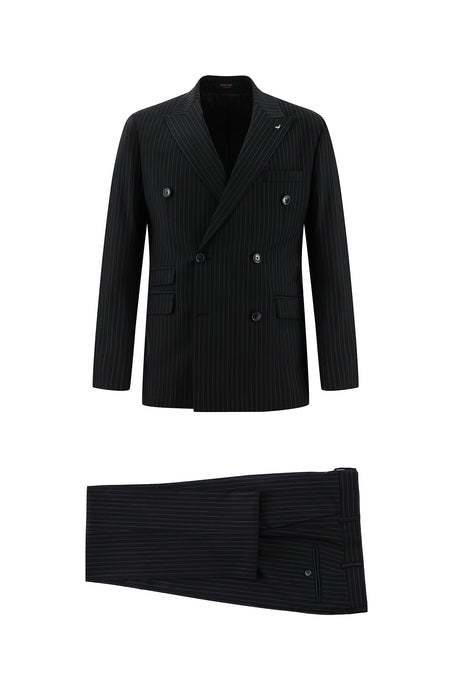 Siyah Slim Fit Dar Kesim Yünlü Kruvaze Çizgili Takım Elbise