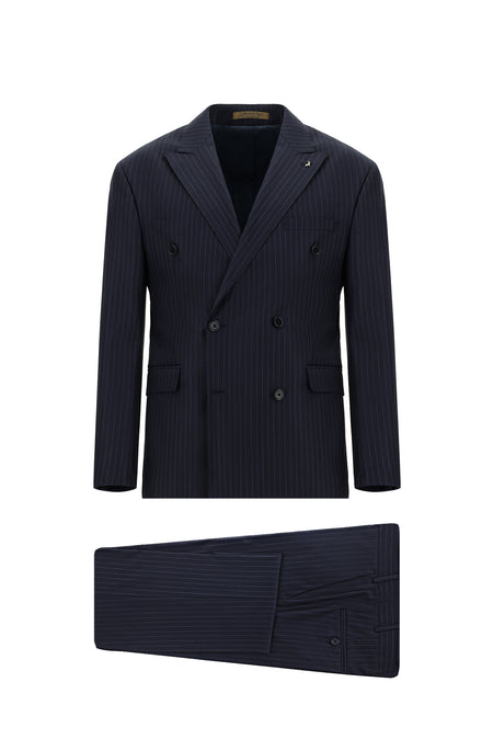 Koyu Lacivert Slim Fit Dar Kesim Yünlü Kruvaze Çizgili Takım Elbise
