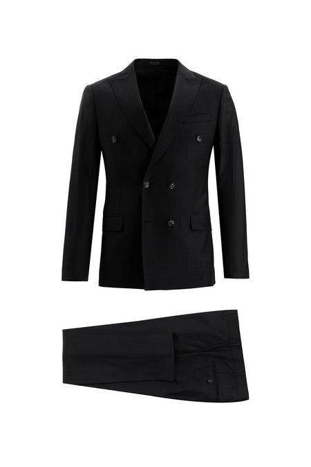 Siyah Super Slim Fit Ekstra Dar Kesim Fit Yünlü Kruvaze Çizgili Takım Elbise