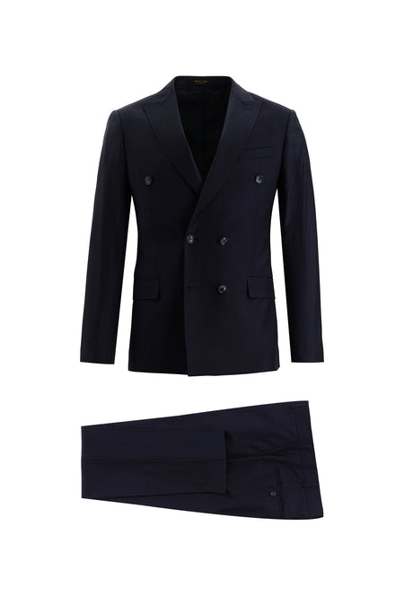 Koyu Lacivert Super Slim Fit Ekstra Dar Kesim Yünlü Kruvaze Çizgili Takım Elbise
