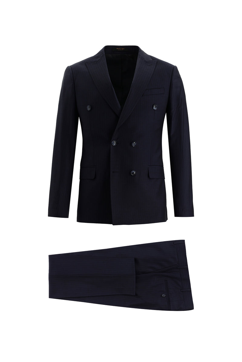 Koyu Lacivert Super Slim Fit Ekstra Dar Kesim Yünlü Kruvaze Çizgili Takım Elbise