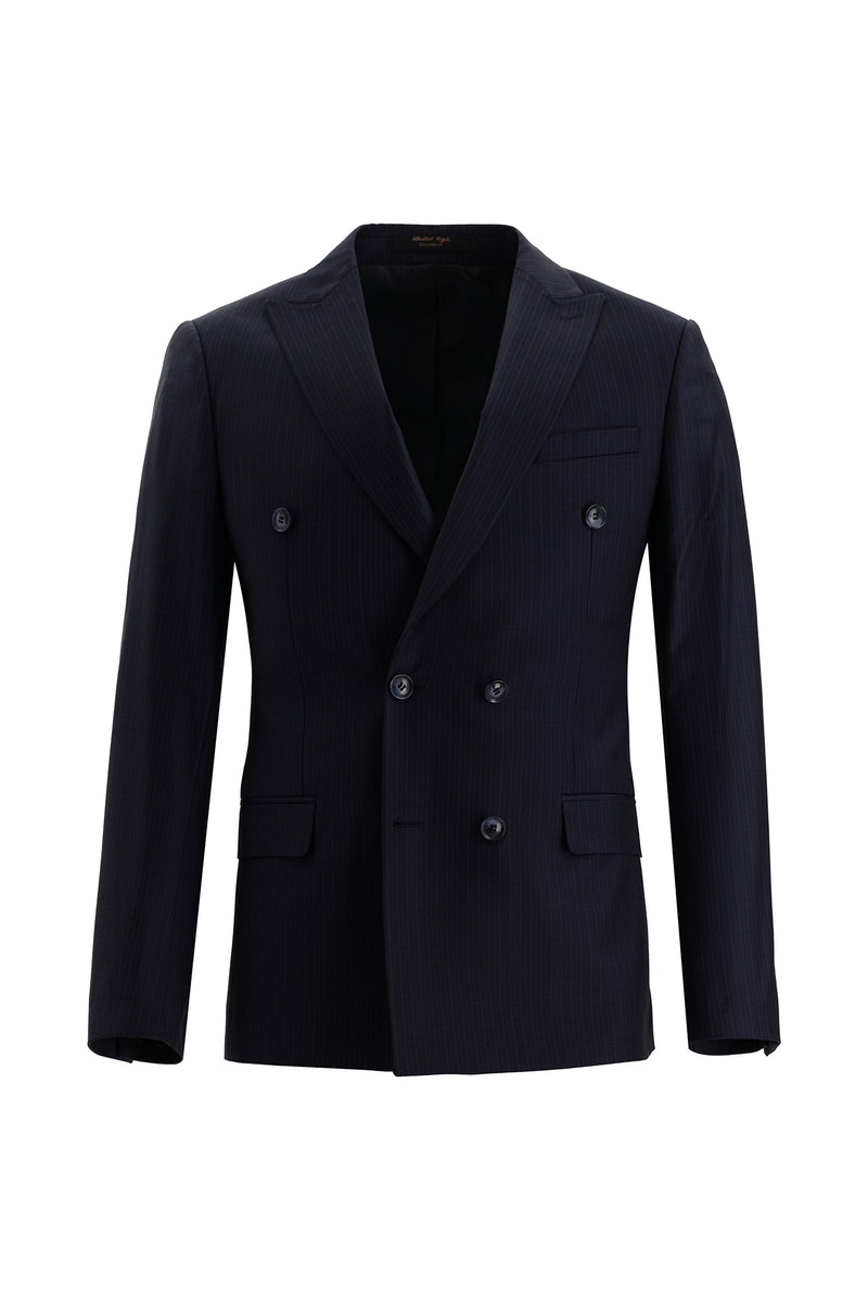 Koyu Lacivert Super Slim Fit Ekstra Dar Kesim Yünlü Kruvaze Çizgili Takım Elbise