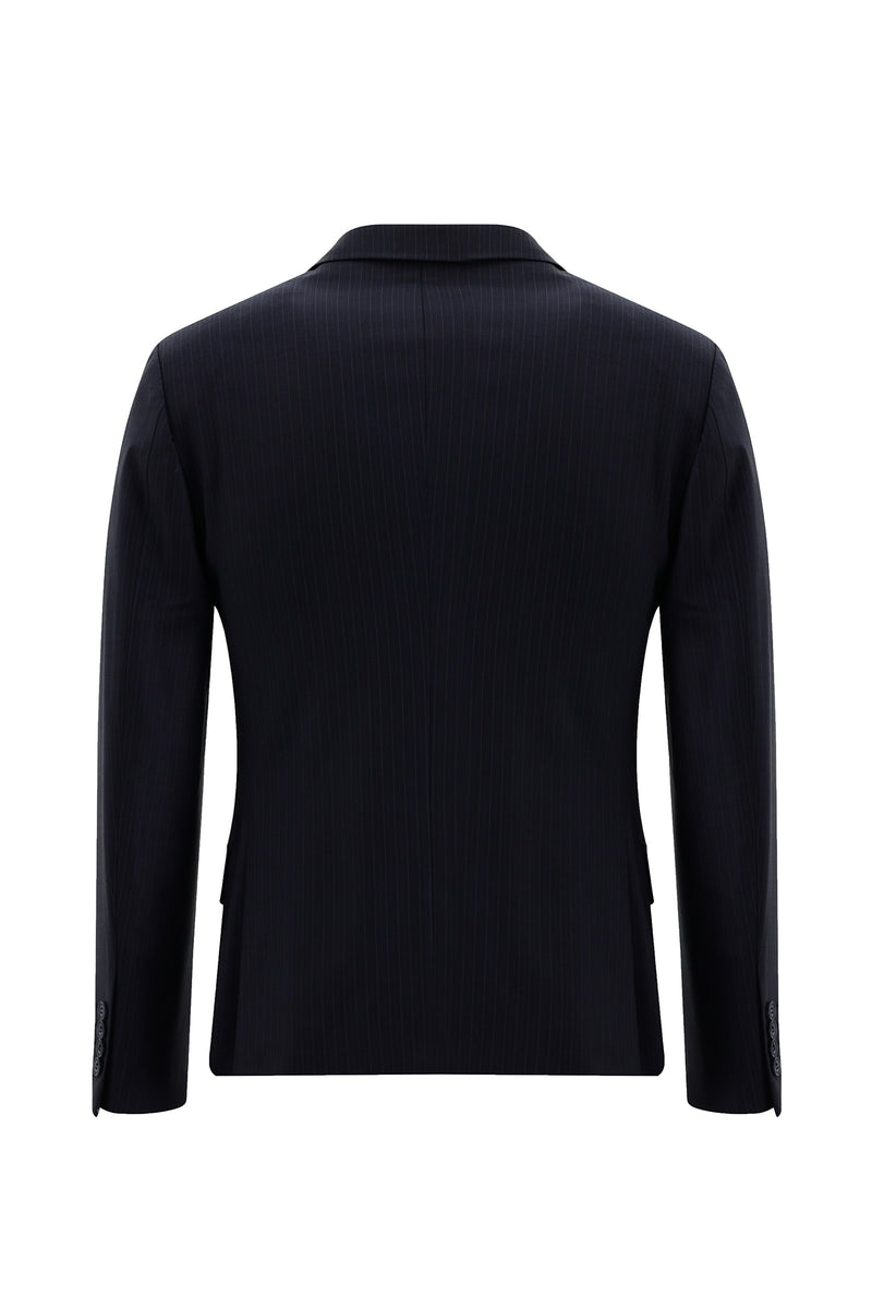 Koyu Lacivert Super Slim Fit Ekstra Dar Kesim Yünlü Kruvaze Çizgili Takım Elbise
