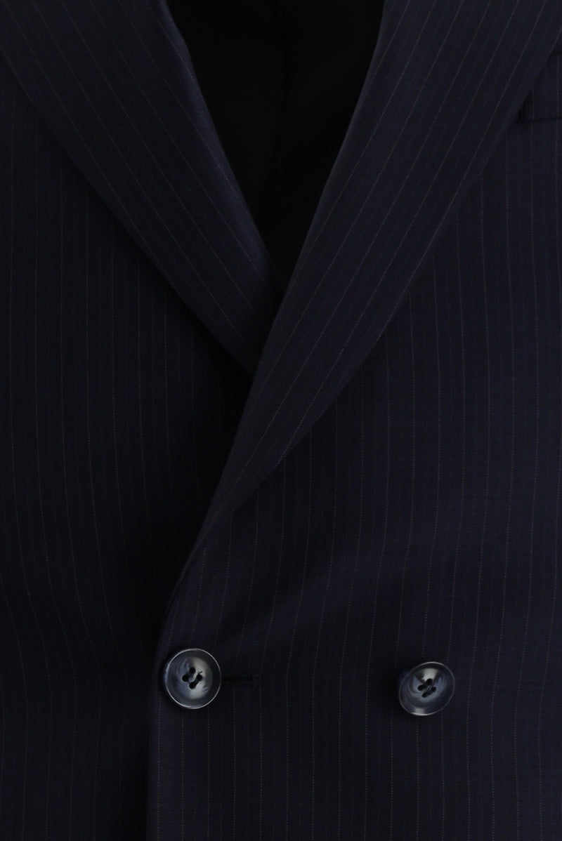 Koyu Lacivert Super Slim Fit Ekstra Dar Kesim Yünlü Kruvaze Çizgili Takım Elbise