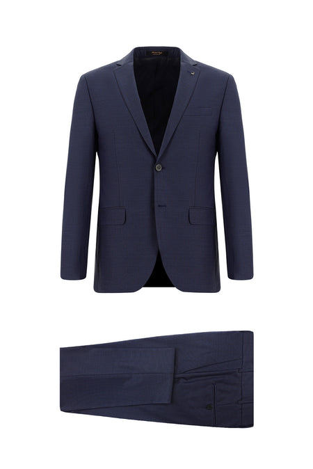 Orta Lacivert Super Slim Fit Ekstra Dar Kesim Yünlü Klasik Desenli Takım Elbise
