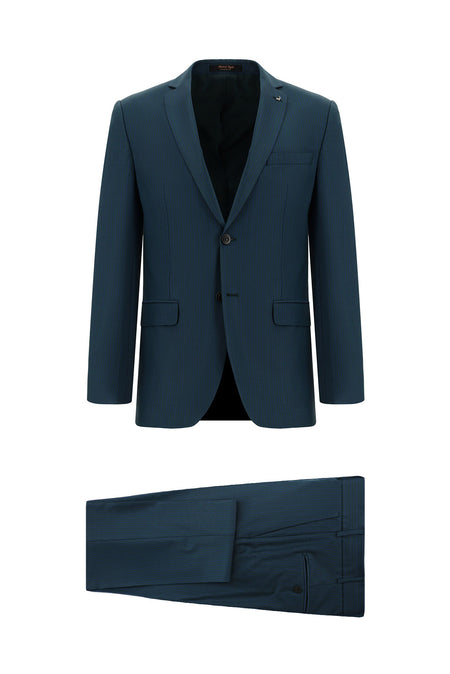 Koyu Yeşil Super Slim Fit Ekstra Dar Kesim Yünlü Klasik Desenli Takım Elbise