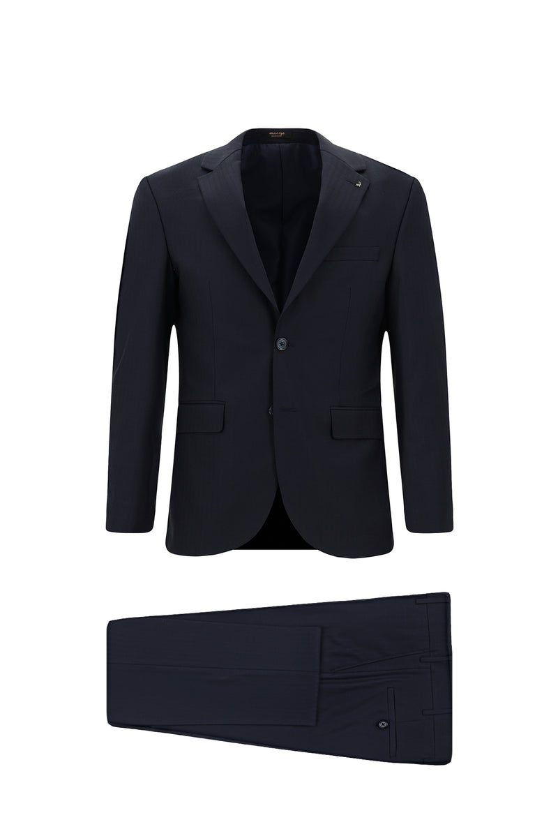 Koyu Lacivert Slim Fit Dar Kesim Klasik Çizgili Yünlü Takım Elbise