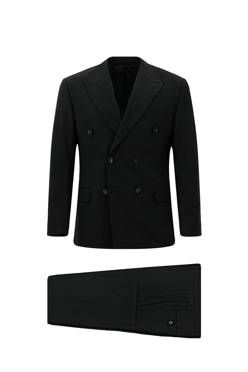 Siyah Regular Fit Flex Suit Yünlü Çizgili Kruvaze Takım Elbise