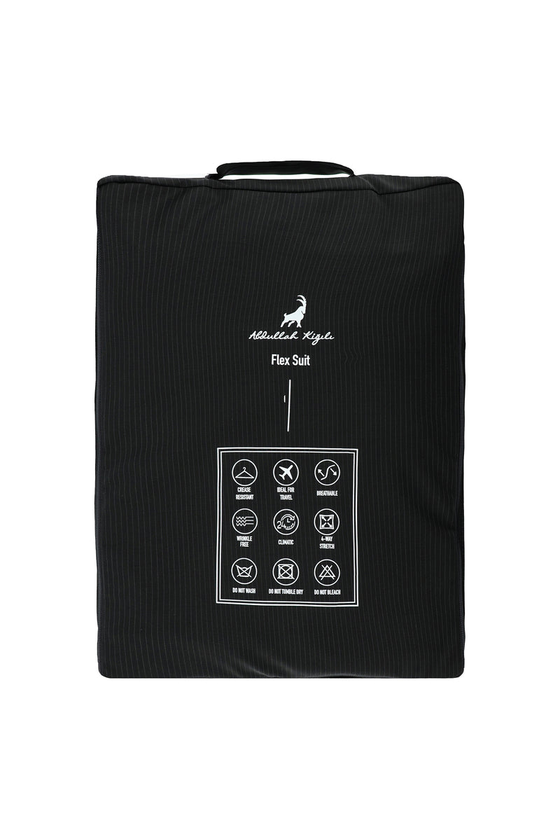 Siyah Regular Fit Flex Suit Yünlü Çizgili Kruvaze Takım Elbise