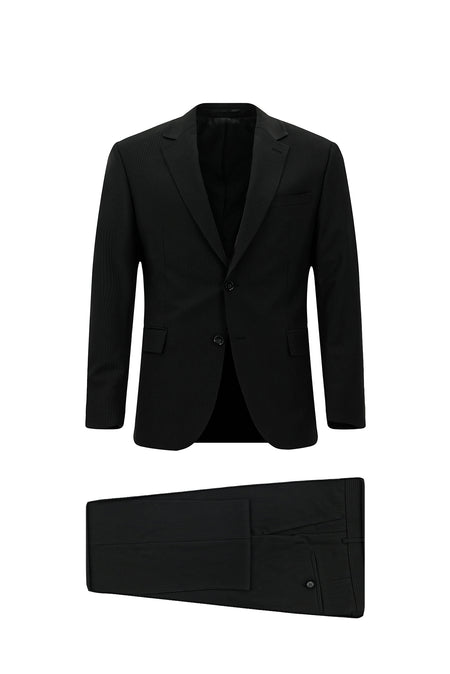 Siyah Regular Fit Flex Suit Yünlü Çizgili Klasik Takım Elbise