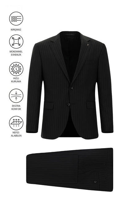 Siyah Çantalı Flex Suit Yünlü Çizgili Klasik Takım Elbise