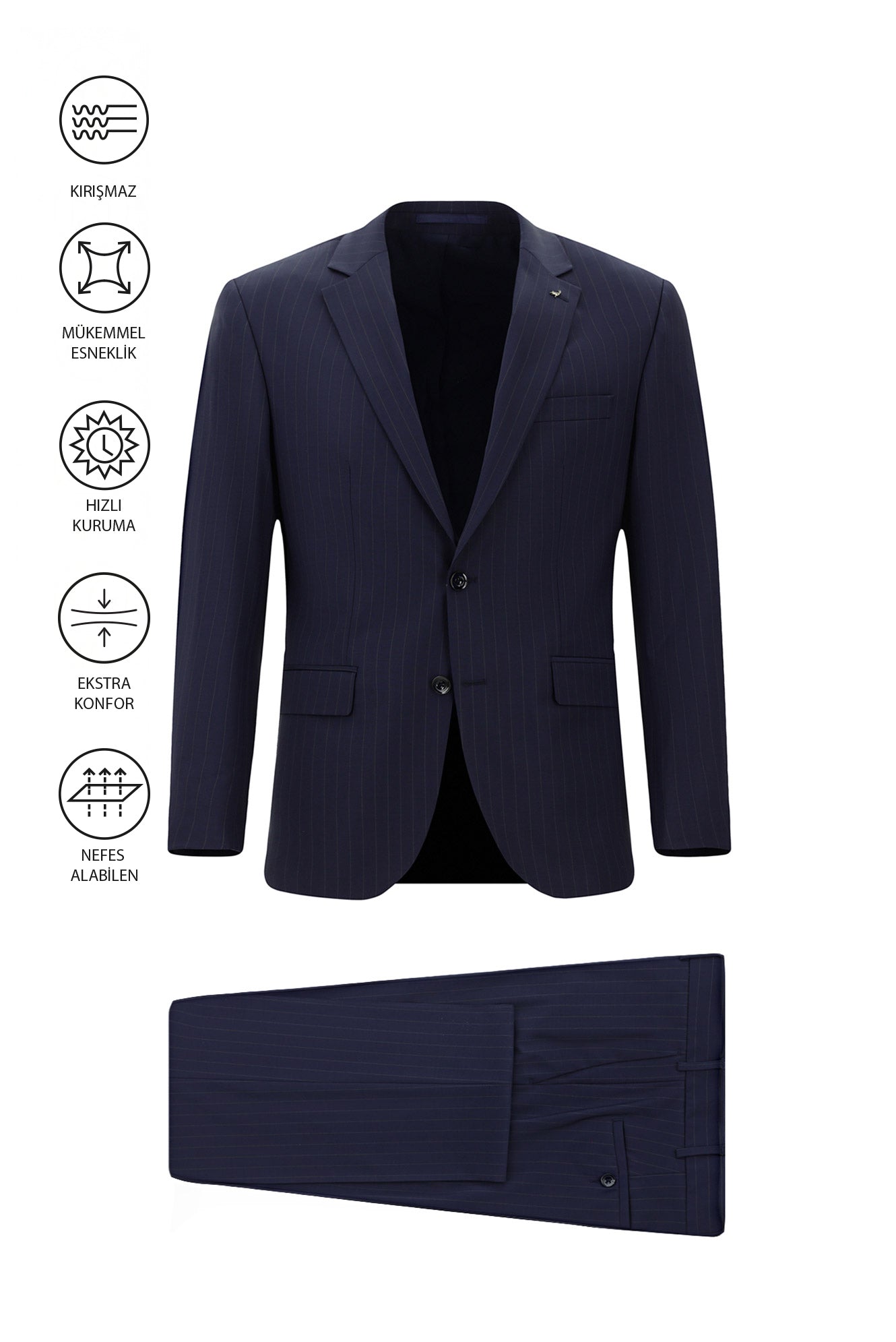 Koyu Lacivert Regular Fit Çantalı Flex Suit Yünlü Çizgili Klasik Takım Elbise