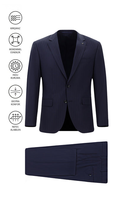 Koyu Lacivert Regular Fit Çantalı Flex Suit Yünlü Çizgili Klasik Takım Elbise