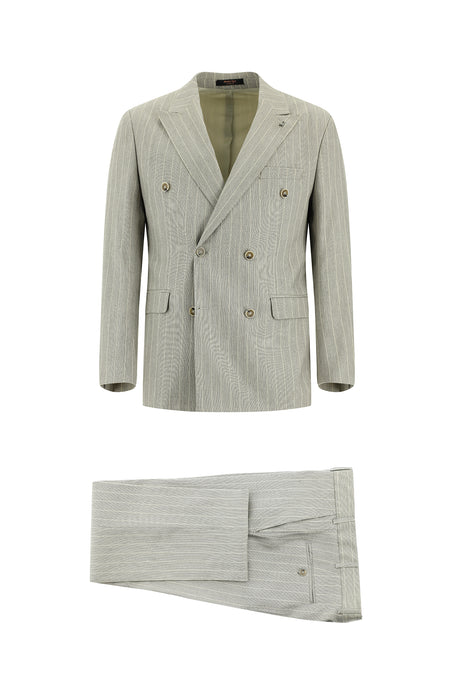 Açık Gri Slim Fit Dar Kesim Çizgili Keten Kruvaze Takım Elbise