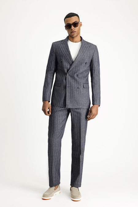 Koyu Lacivert Slim Fit Dar Kesim Çizgili Keten Karışımlı Kruvaze Takım Elbise