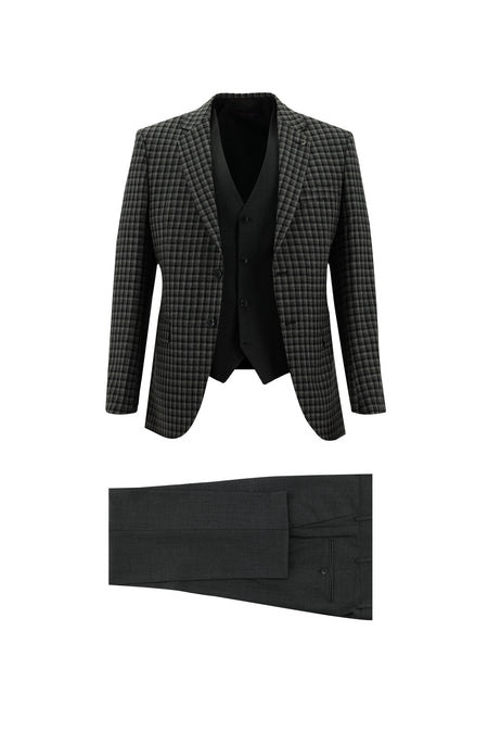 Koyu Antrasit Slim Fit Dar Kesim Kombinli Yelekli Yün Takım Elbise